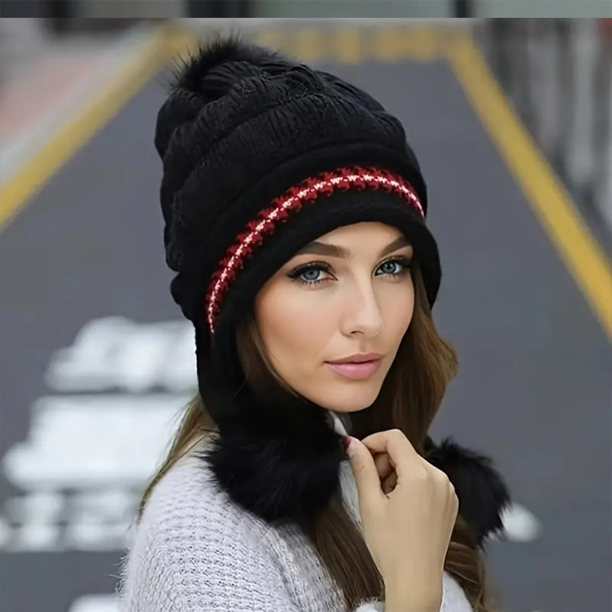 Cozy Knit Fleece-Feel Beanie With Ear Flaps & Pompom Warm Winter Hat