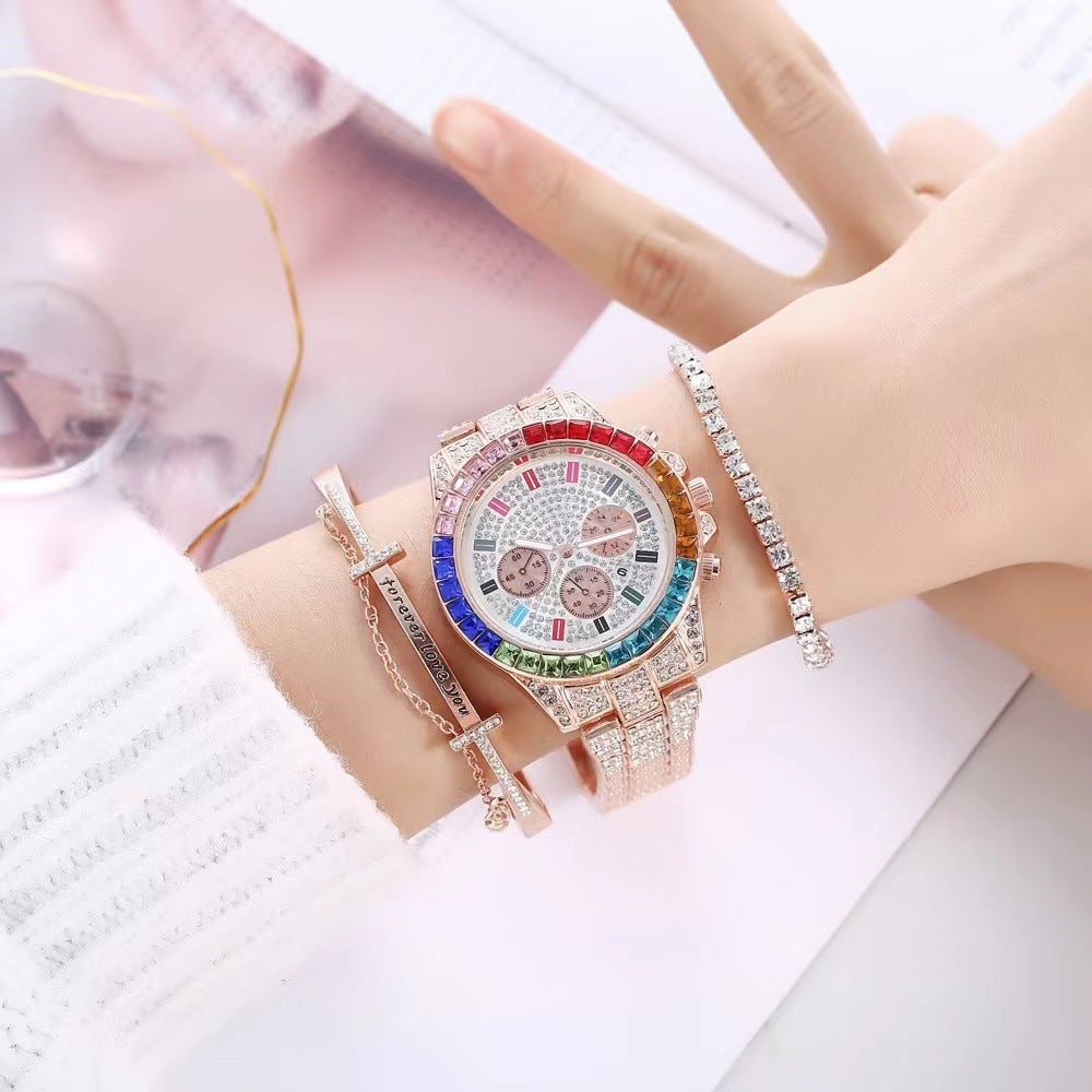 Three-Eye Diamond Colorful Crystals Steel Belt Bracelet Bracelet Three-piece Set