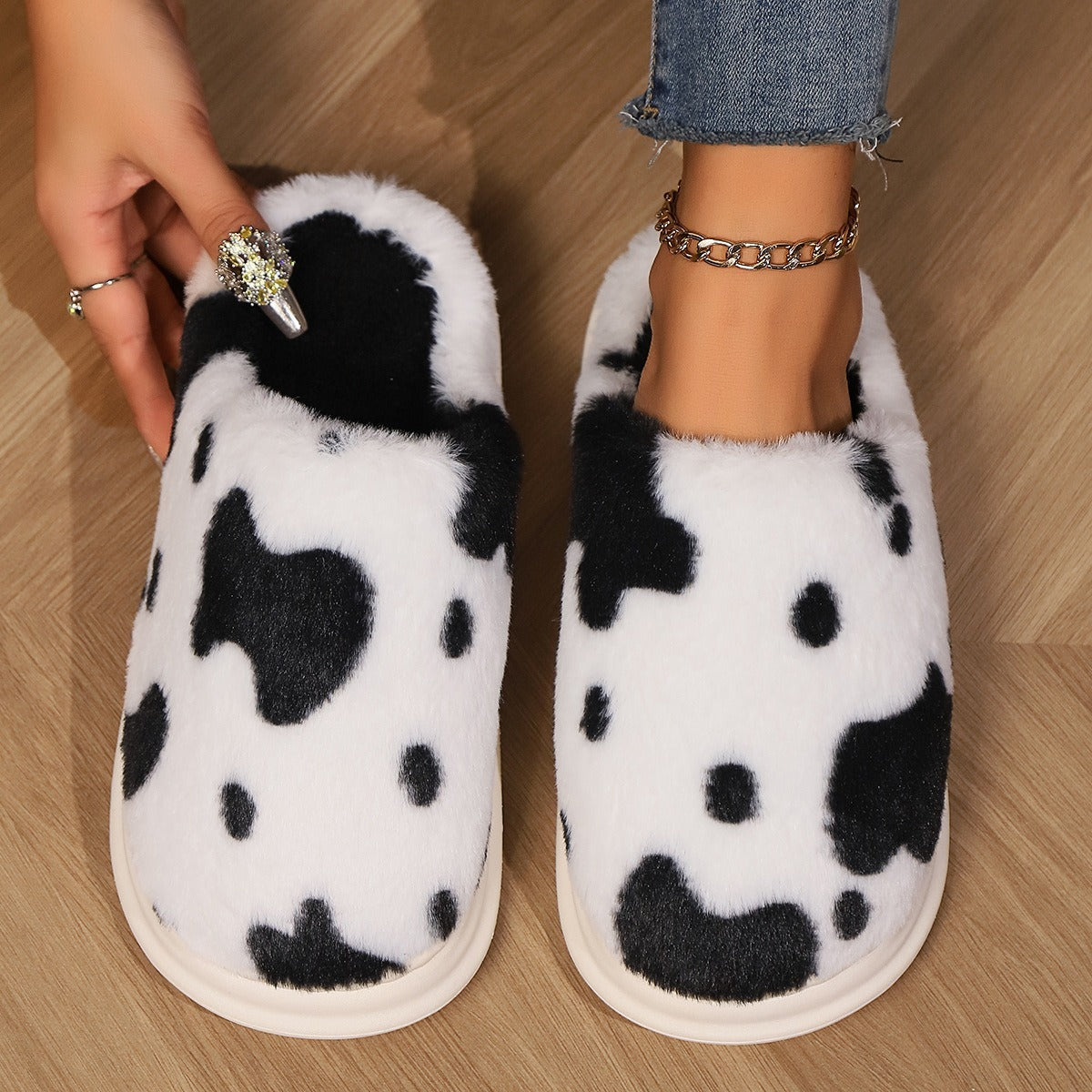 Cute Cow Spotted Plush Slippers Winter Warm Non-slip