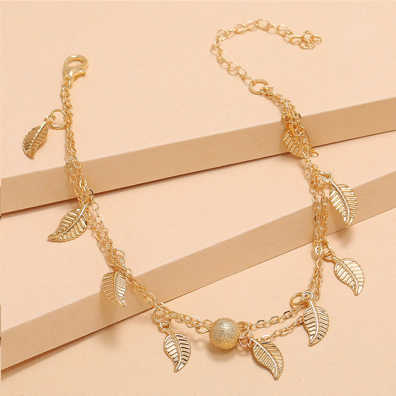 Double-Layer Anklet with Frosted Round Beads, Small Leaves & Tassels