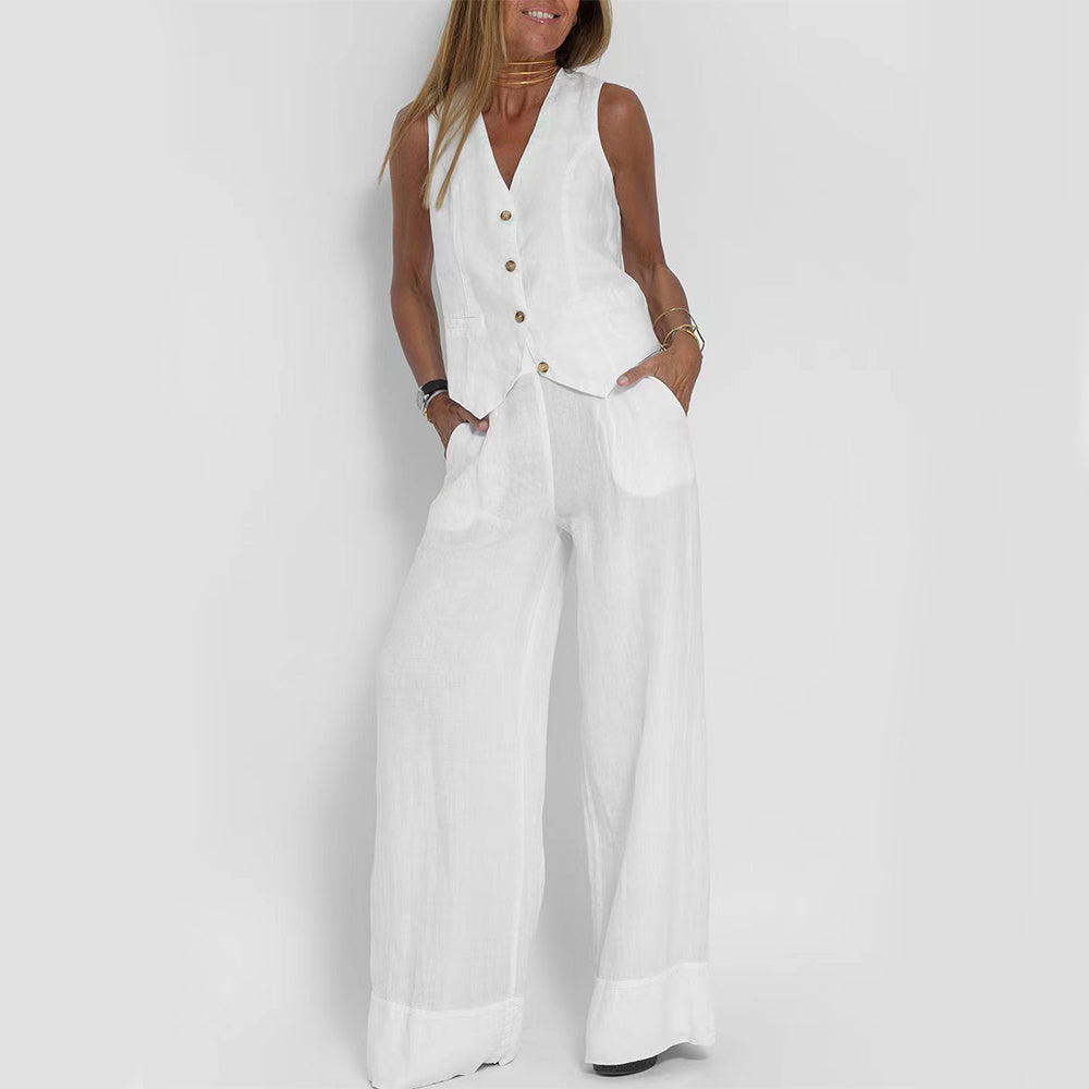 Vest Suits V-neck Sleeveless Top And Loose Straight Trousers