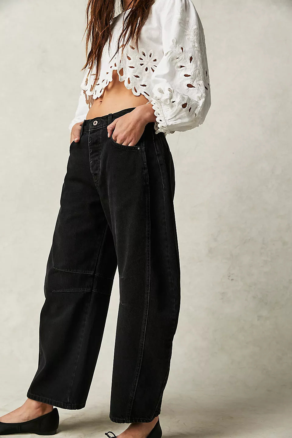 Women's High Stretch Barrel Jeans - Mid-Rise Wide Leg Casual Baggy Denim