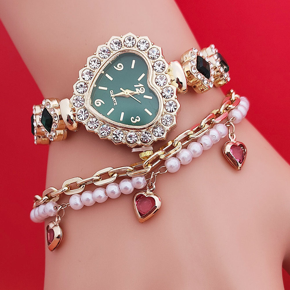 Fashion Love Heart Bracelet & Diamond Quartz Watch Set - Women's Valentine's Day Gift
