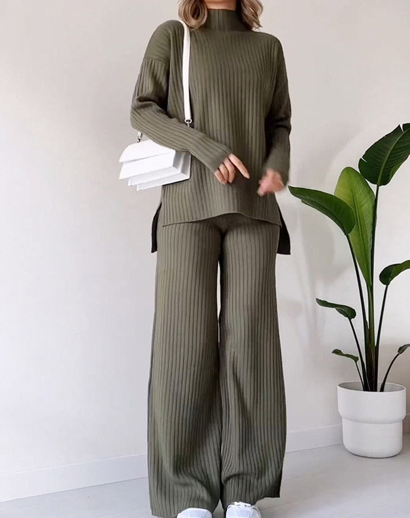 Women's Turtleneck Knitted Set - Loose Long Sleeve Top & Straight Trousers, Casual Solid Outfit