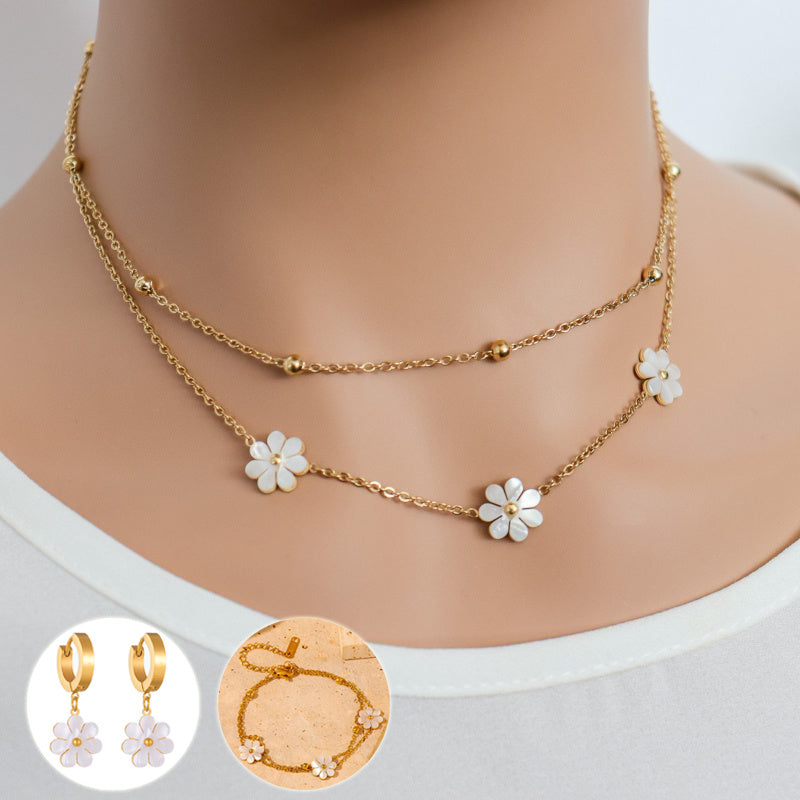 Stainless Steel Daisy Flower Jewelry Set – Double Layer Necklace , Earrings & Bracelet