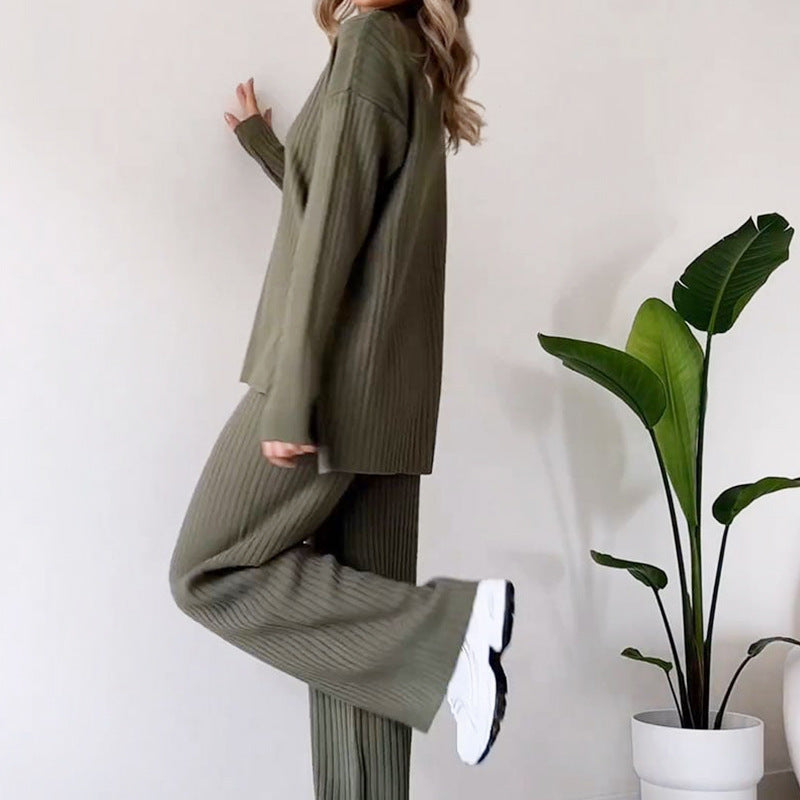 Women's Turtleneck Knitted Set - Loose Long Sleeve Top & Straight Trousers, Casual Solid Outfit