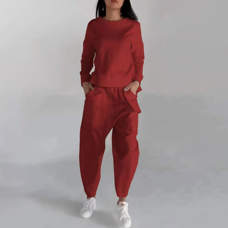 Sweatshirt Long Sleeve Back Slit Top With Pockets Loose Trousers