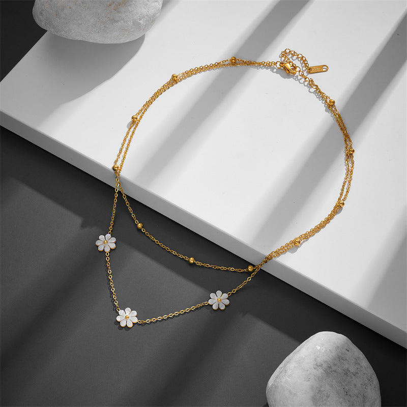 Stainless Steel Daisy Flower Jewelry Set – Double Layer Necklace , Earrings & Bracelet