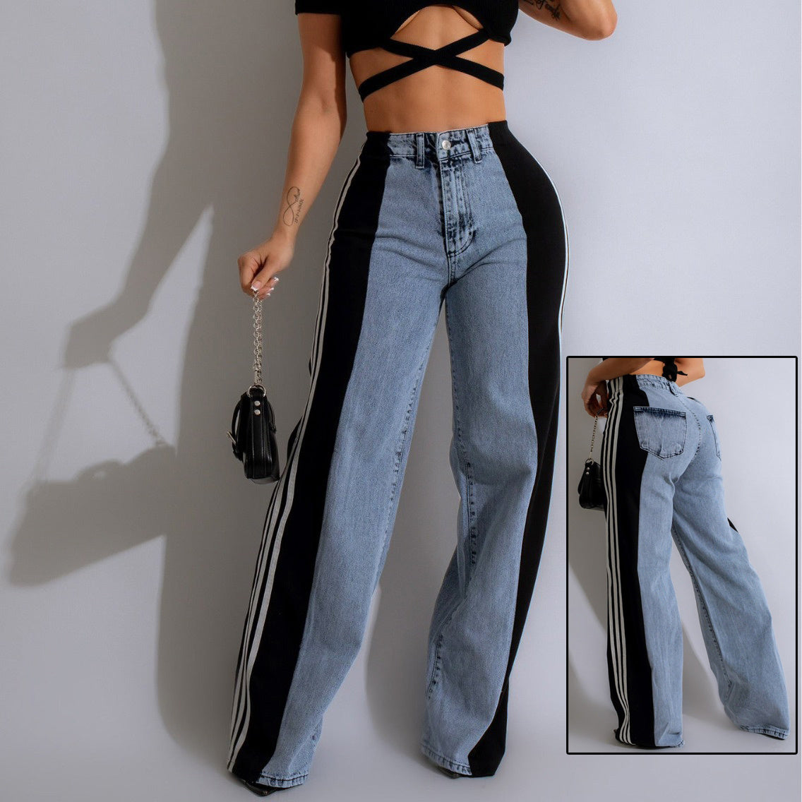 High Waist Elastic Straight Leg Trousers Three Stripe Patchwork Denim Wide Leg Pants Streetwear