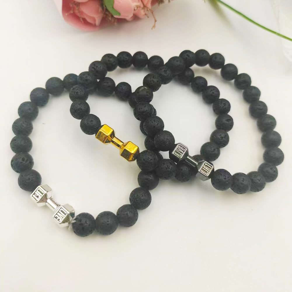 Men's Dumbbell Bracelet - Alloy Barbell & Lava Rock Stone Beads Fitness Fashion Jewelry