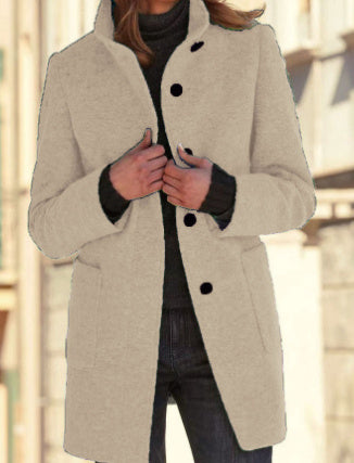 Stand Collar Woolen Coat With Pockets Fall Winter