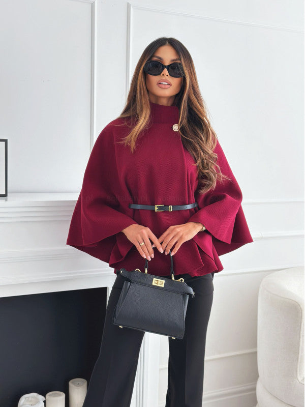 New Stand Collar Batwing Sleeves Cloak Top With Belt