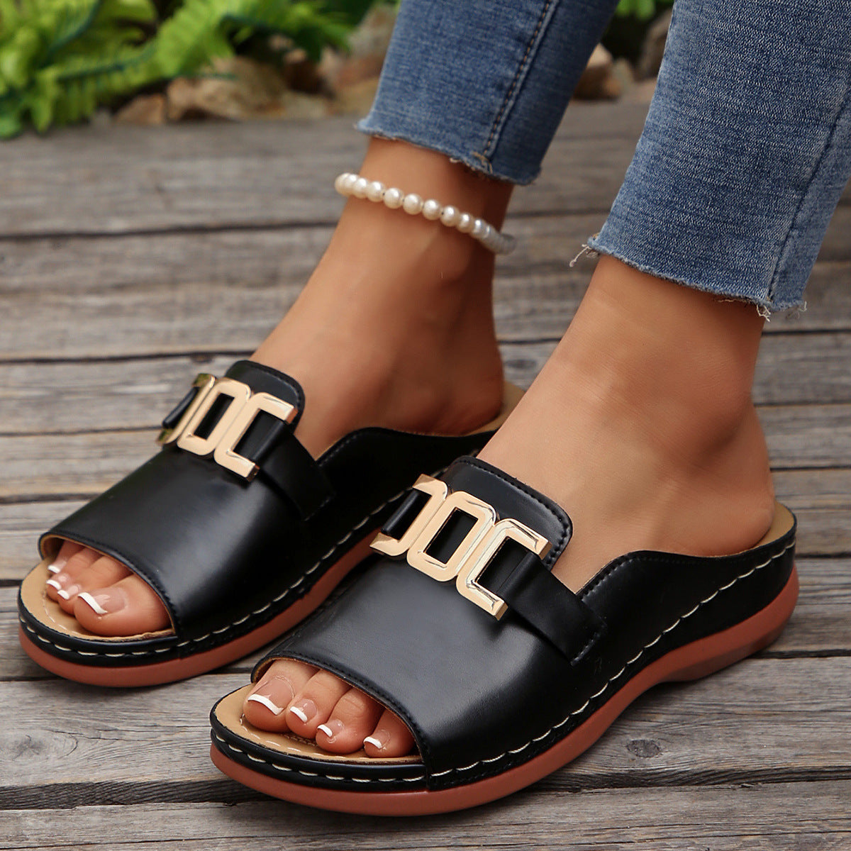 Women's Chain Wedge Sandals – Summer Platform Peep-Toe Slides with Thick Sole