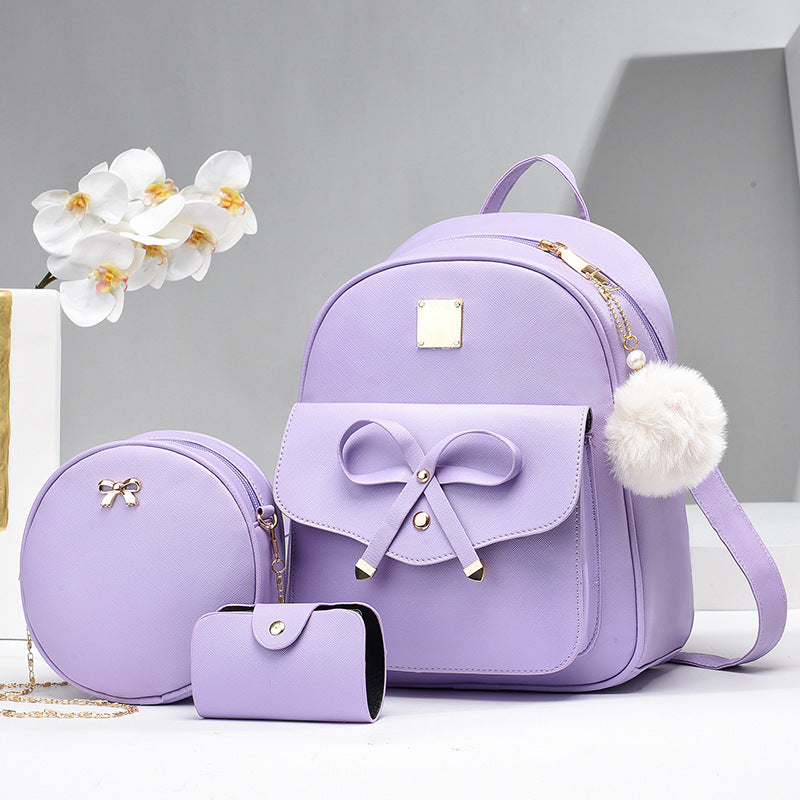 Fashion Women's PU Bow 3pcs Bag Set | Cute Backpack, Crossbody Bag & Coin Purse for Young Girls & Students