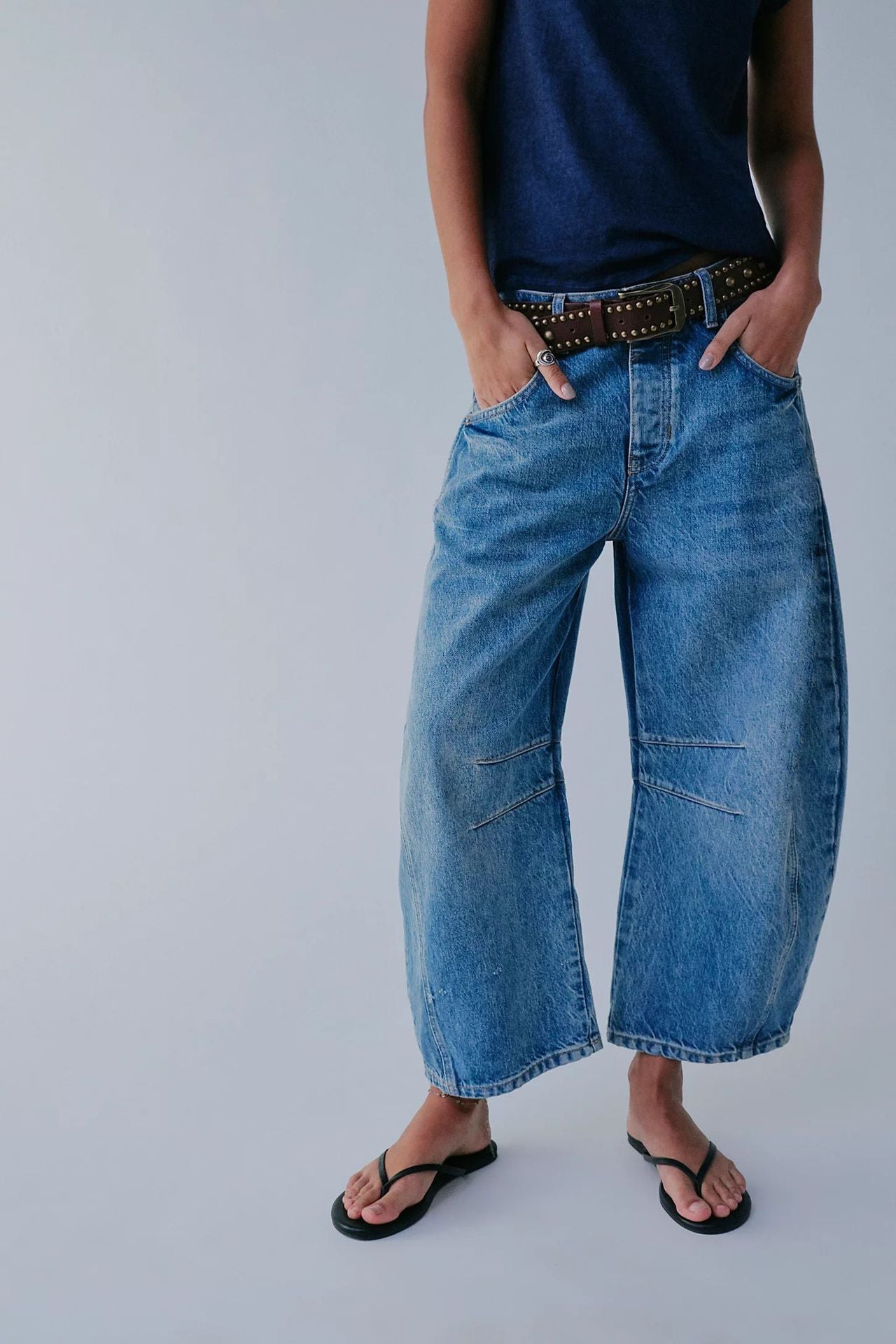Women's High Stretch Barrel Jeans - Mid-Rise Wide Leg Casual Baggy Denim