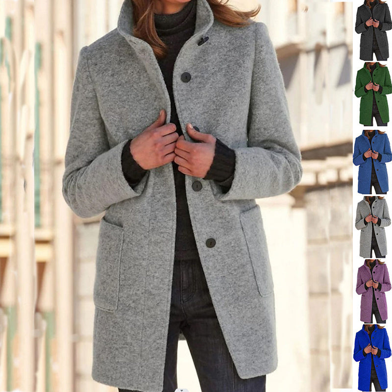 Stand Collar Woolen Coat With Pockets Fall Winter