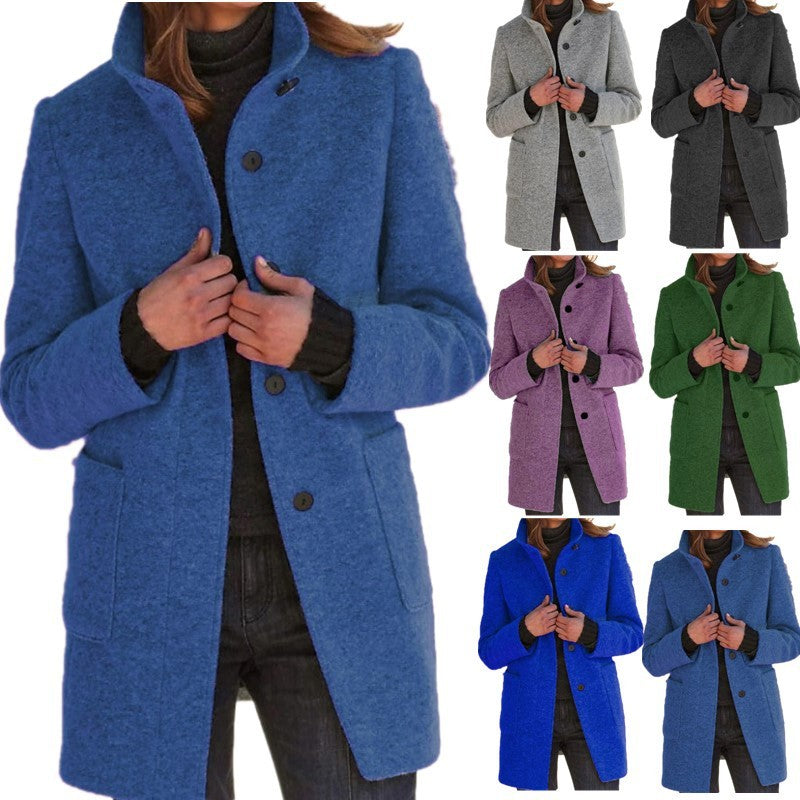 Stand Collar Woolen Coat With Pockets Fall Winter