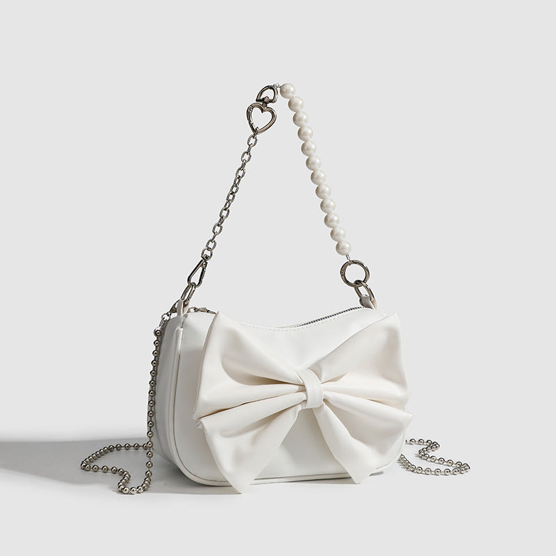 Women's PU Bow Handbag - Black & White Underarm Tote with Pearl Chain, Small Shoulder Purse