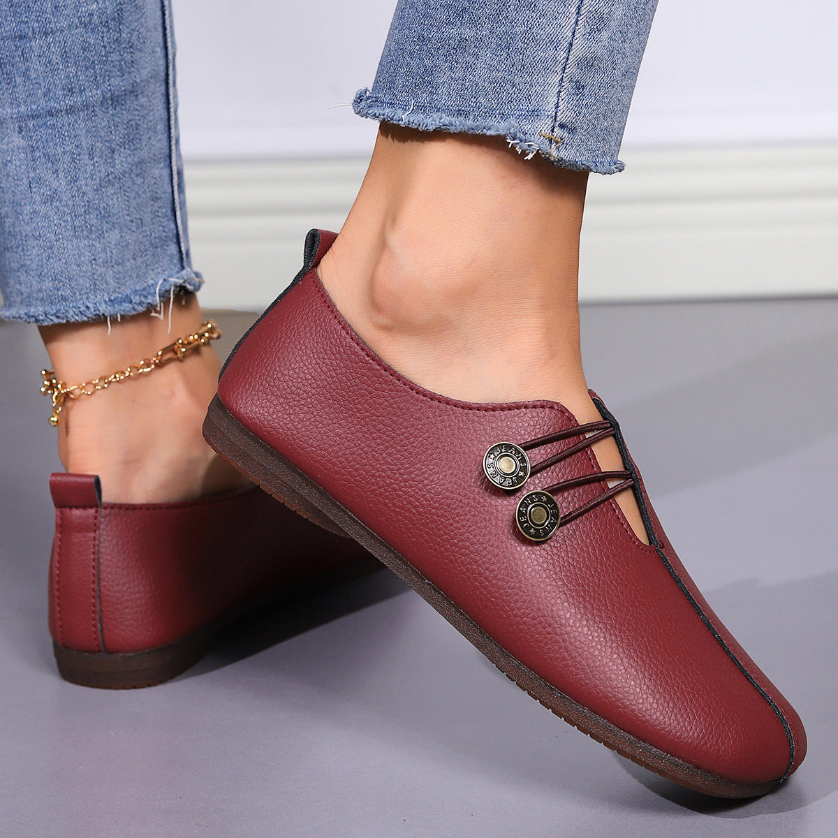 Casual Square Toe Flats | Women's Fashion Slip-on Button Loafers