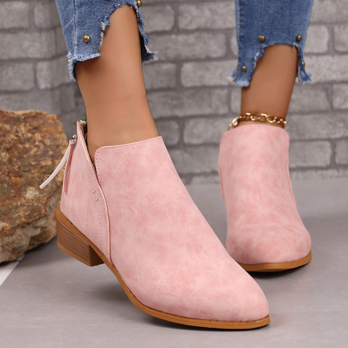 Women's Chunky Heel Ankle Boots - Pointed Toe V-Cut Short Boots for Fall & Winter